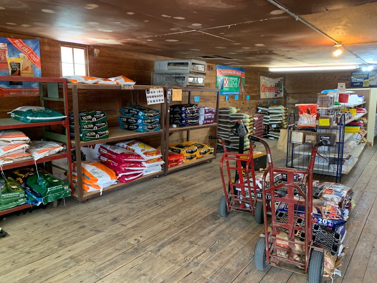 A display case of hunting knives at the front counter of Mustang Creek Feed Seed & Supply in Rio Vista, Texas